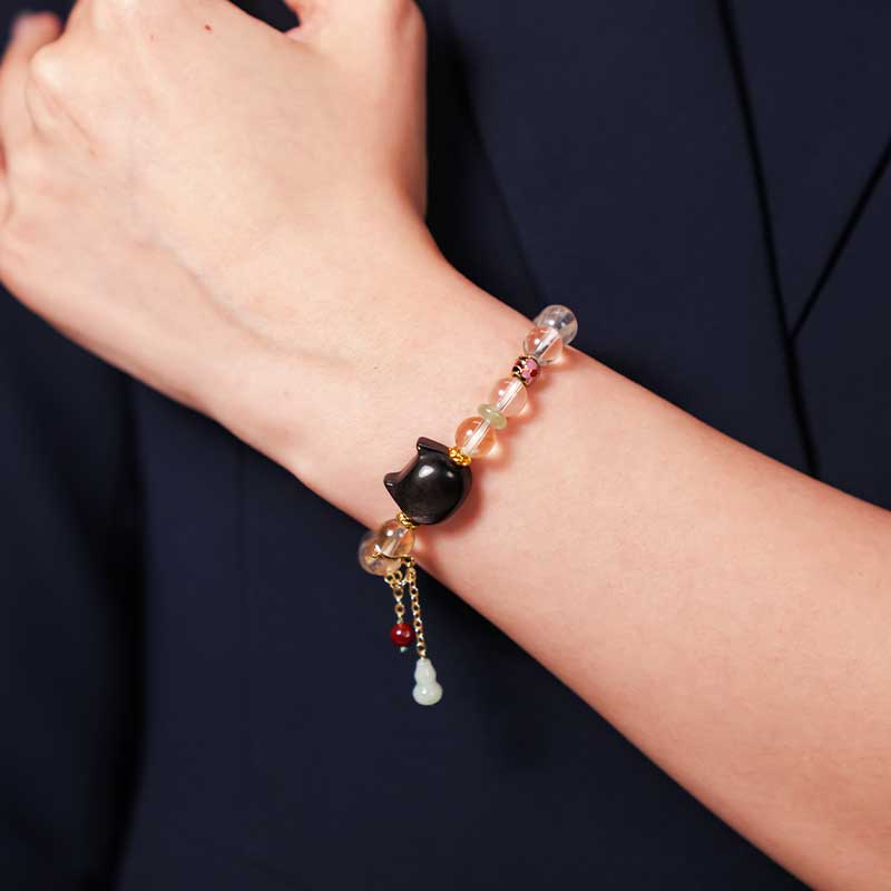 TaoVella Natural White Crystal and Black Obsidian Cat Bracelet - Guardian of Energy Order