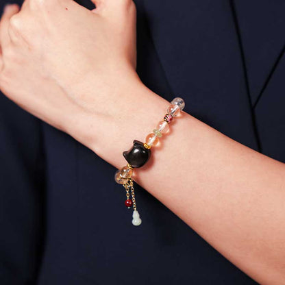 TaoVella Natural White Crystal and Black Obsidian Cat Bracelet - Guardian of Energy Order