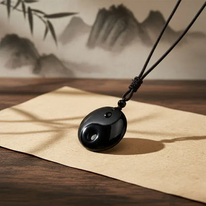 TaoVella Obsidian Taoist YinYang Good Fortune & Protection Taoist Necklace - TaoVella
