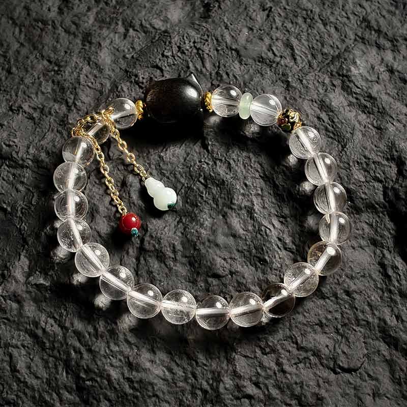TaoVella Natural White Crystal and Black Obsidian Cat Bracelet - Guardian of Energy Order - TaoVella