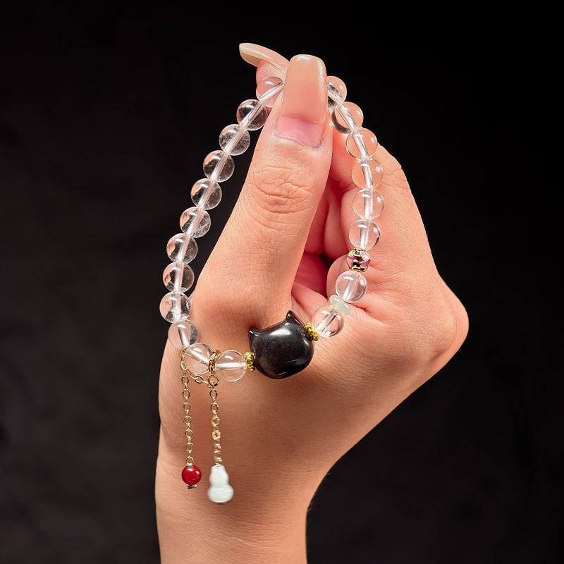 TaoVella Natural White Crystal and Black Obsidian Cat Bracelet - Guardian of Energy Order - TaoVella