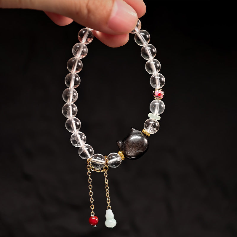 TaoVella Natural White Crystal and Black Obsidian Cat Bracelet - Guardian of Energy Order - TaoVella