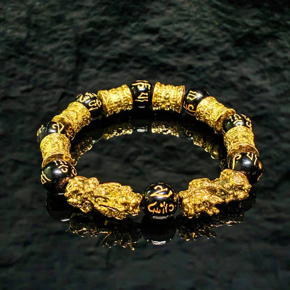 TaoVella Wealth Surge – Feng Shui Gold Pixiu Black Obsidian Prosperity Bracelet - TaoVella