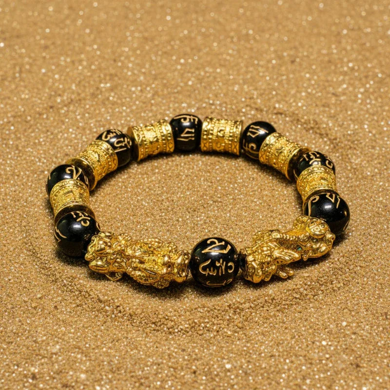 TaoVella Wealth Surge – Feng Shui Gold Pixiu Black Obsidian Prosperity Bracelet - TaoVella