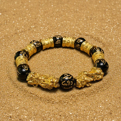 TaoVella Wealth Surge – Feng Shui Gold Pixiu Black Obsidian Prosperity Bracelet - TaoVella