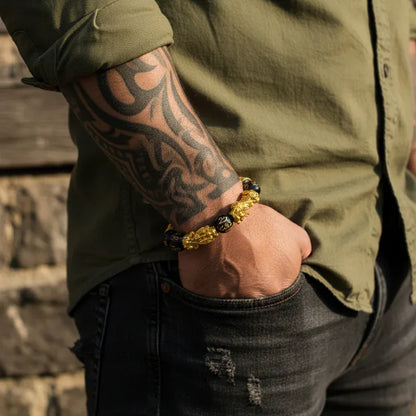TaoVella Wealth Surge – Feng Shui Gold Pixiu Black Obsidian Prosperity Bracelet - TaoVella