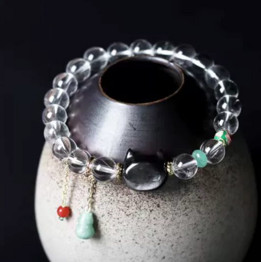 TaoVella Natural White Crystal and Black Obsidian Cat Bracelet - Guardian of Energy Order